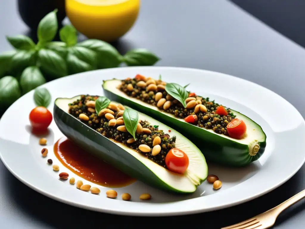 Un plato de calabacines rellenos vegano, con colores vibrantes y presentación atractiva