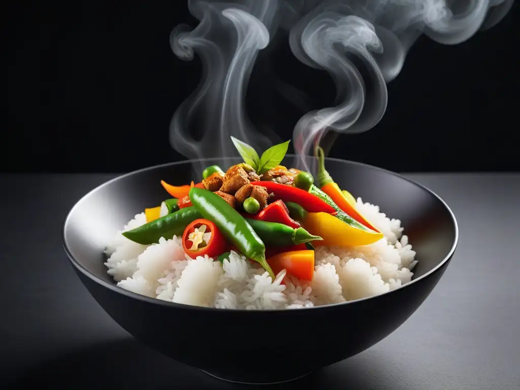 Un plato de cocina vegana fusión AsiaAmérica en un cuenco negro, lleno de verduras frescas y arroz jasmine, con vapor