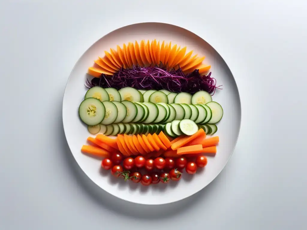 Un plato de cocina vegana creativa minimalista con vegetales y frutas coloridos en un patrón geométrico impresionante