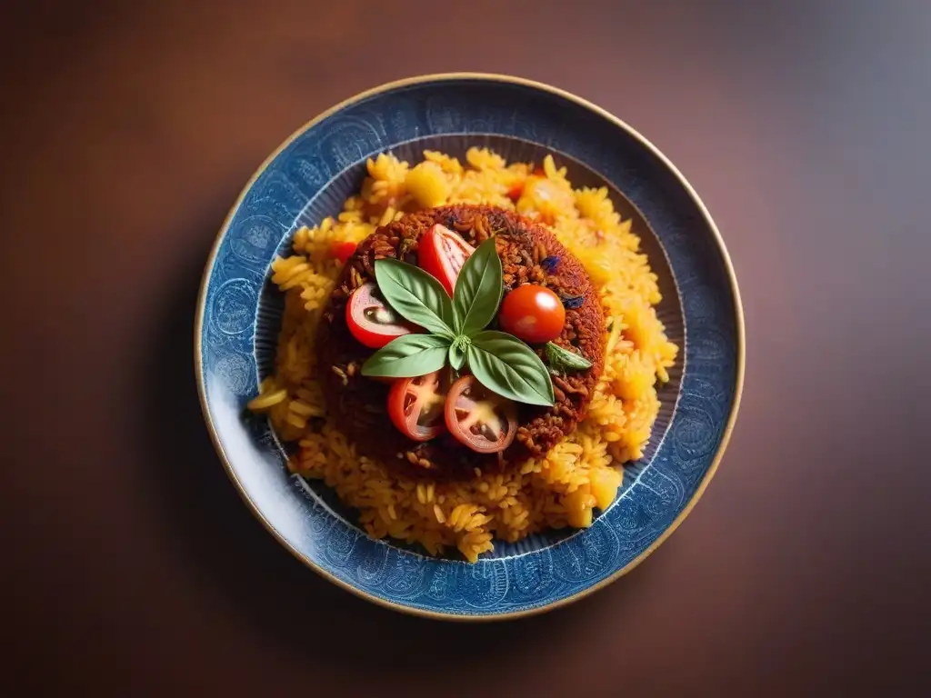 Un plato colorido de arroz Jollof vegano, resalta la cocina vegana africana con su presentación vibrante y exquisita