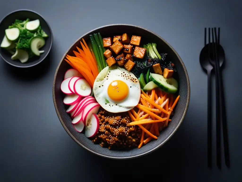 Bibimbap vegano: explosión de colores y sabores auténticos Plato coreano vegano: bibimbap vibrante y colorido en bol de piedra con verduras frescas, tofu crujiente y salsa gochujang