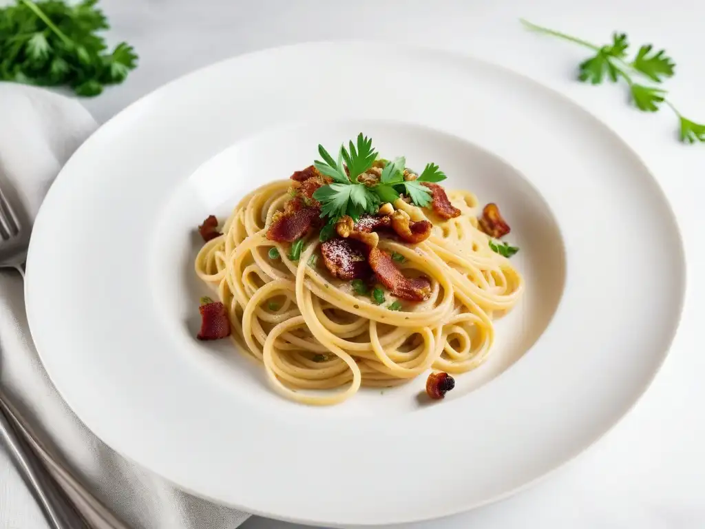 Plato de espaguetis carbonara vegano, veganizando recetas clásicas pasta Italia, con salsa cremosa de anacardos y bacon vegano crujiente