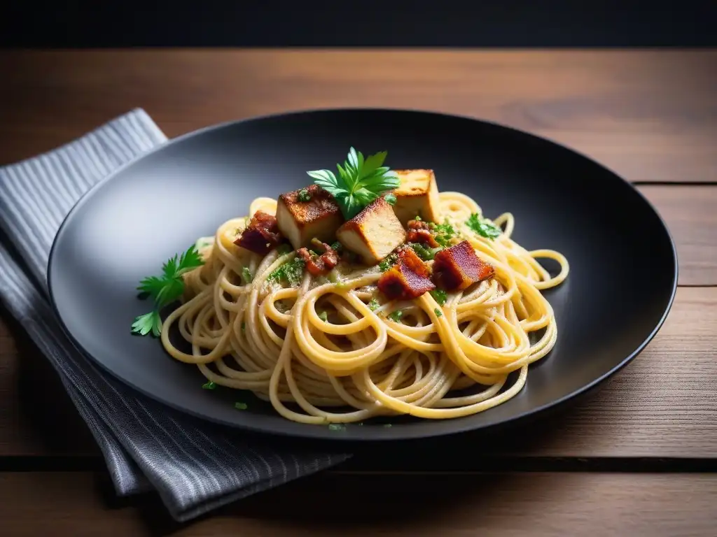 Plato de espaguetis carbonara vegana con salsa de anacardos, bacon de tofu crujiente y pimienta negra, en plato negro sobre mesa de madera rústica