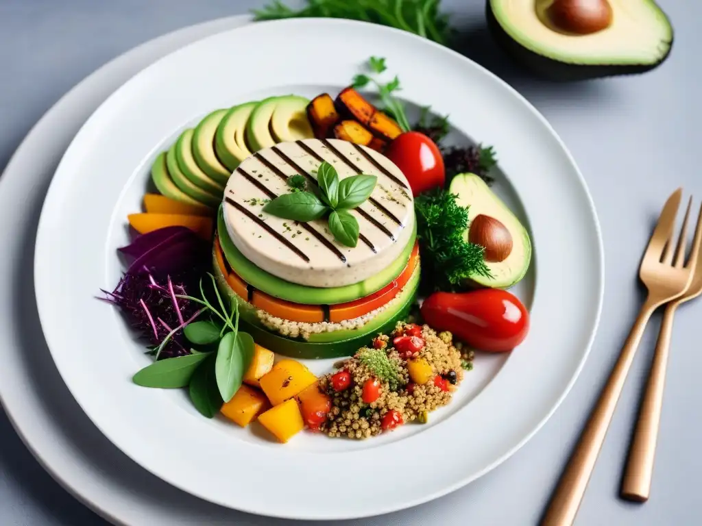 Un plato de fusión vegana sostenible con capas de ingredientes frescos y coloridos, resaltando una presentación visualmente apetitosa