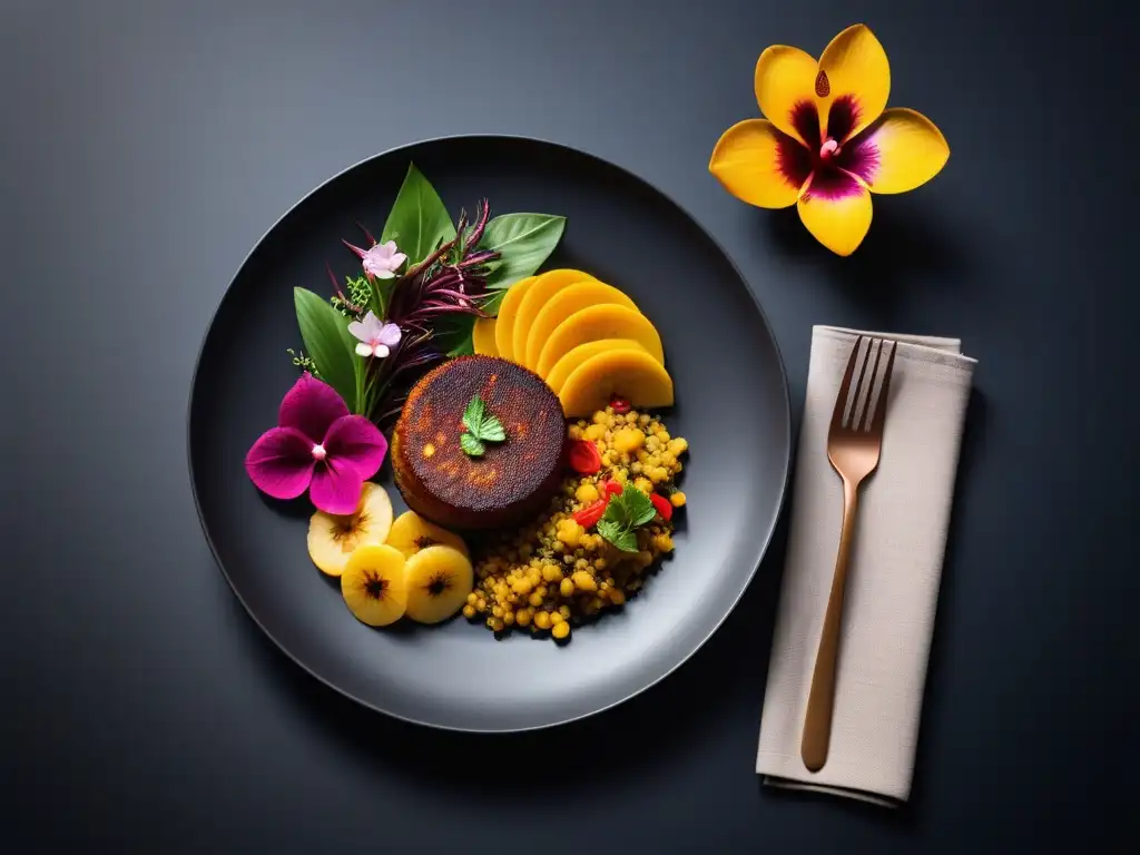 Un plato de gastronomía vegana caribeña fusionando sabores en una presentación artística y colorida