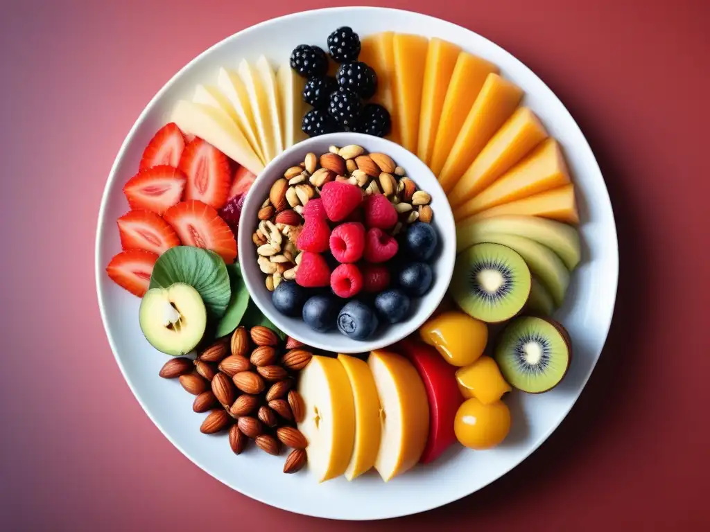 Un plato gourmet crudo vegano internacional, vibrante y colorido, con frutas, verduras, nueces y semillas frescas en un plato cerámico blanco moderno