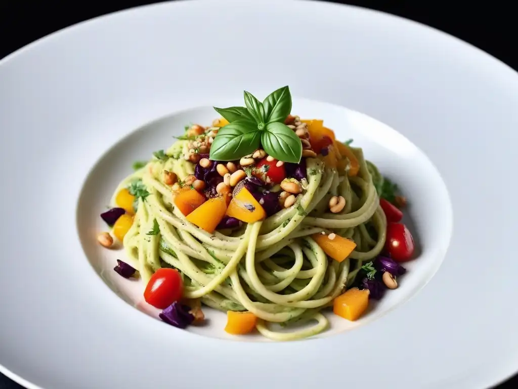 Plato gourmet de pasta vegana con verduras en espiral, salsa de aguacate y nueces trituradas, en un elegante plato blanco sobre fondo oscuro