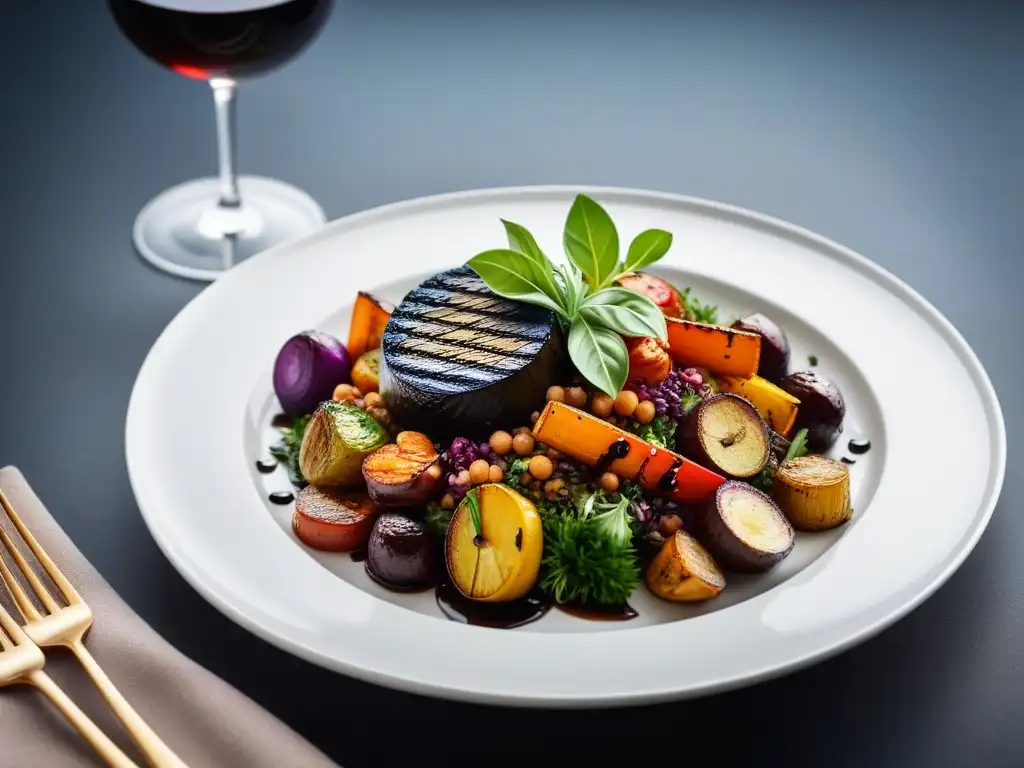 Un plato gourmet vegano bellamente presentado con una variedad colorida de verduras asadas, ensalada de quinua y reducción de balsámico, todo elegantemente dispuesto en un plato de porcelana blanco adornado con hierbas frescas