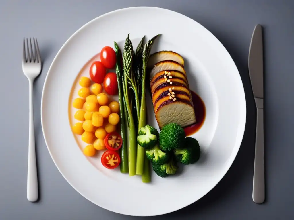 Un plato minimalista vegano con verduras vibrantes y coloridas, presentadas con elegancia