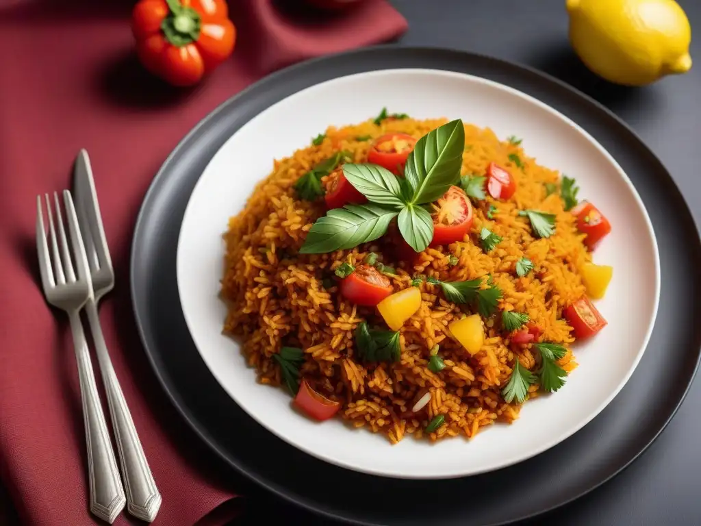 Un plato moderno de arroz jollof nigeriano vegano, colorido y vibrante, con sabores africanos, presentado elegantemente