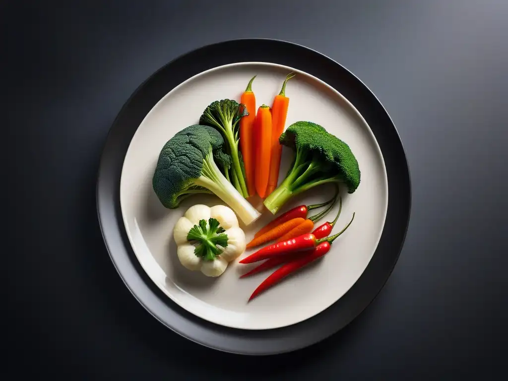 Un plato moderno con verduras al vapor: zanahorias naranjas, brócoli verde y pimientos rojos