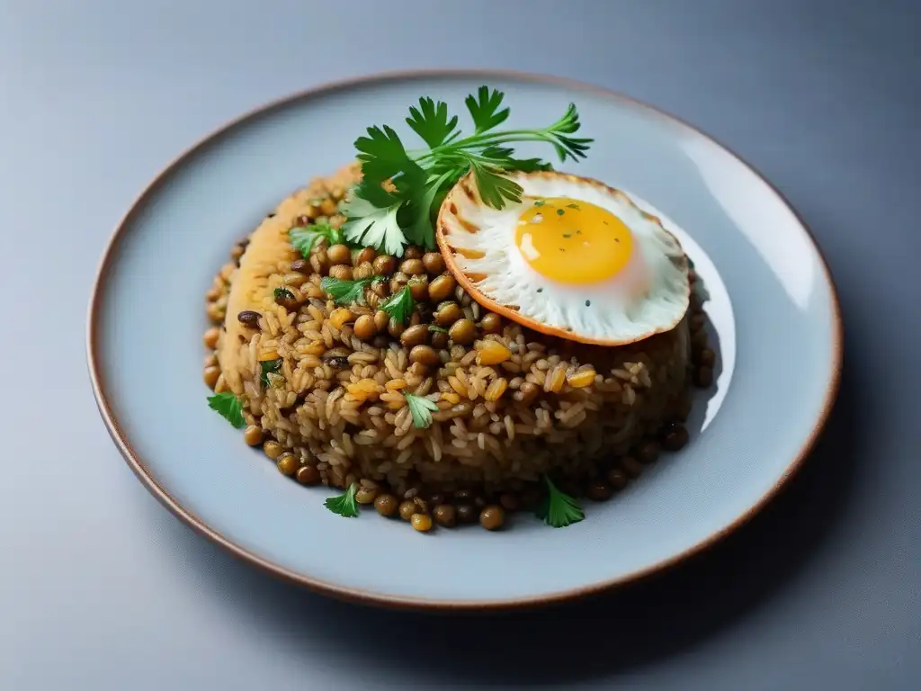 Un plato de Mujaddara bellamente presentado con lentejas, arroz, cebolla caramelizada y perejil, en un plato cerámico moderno