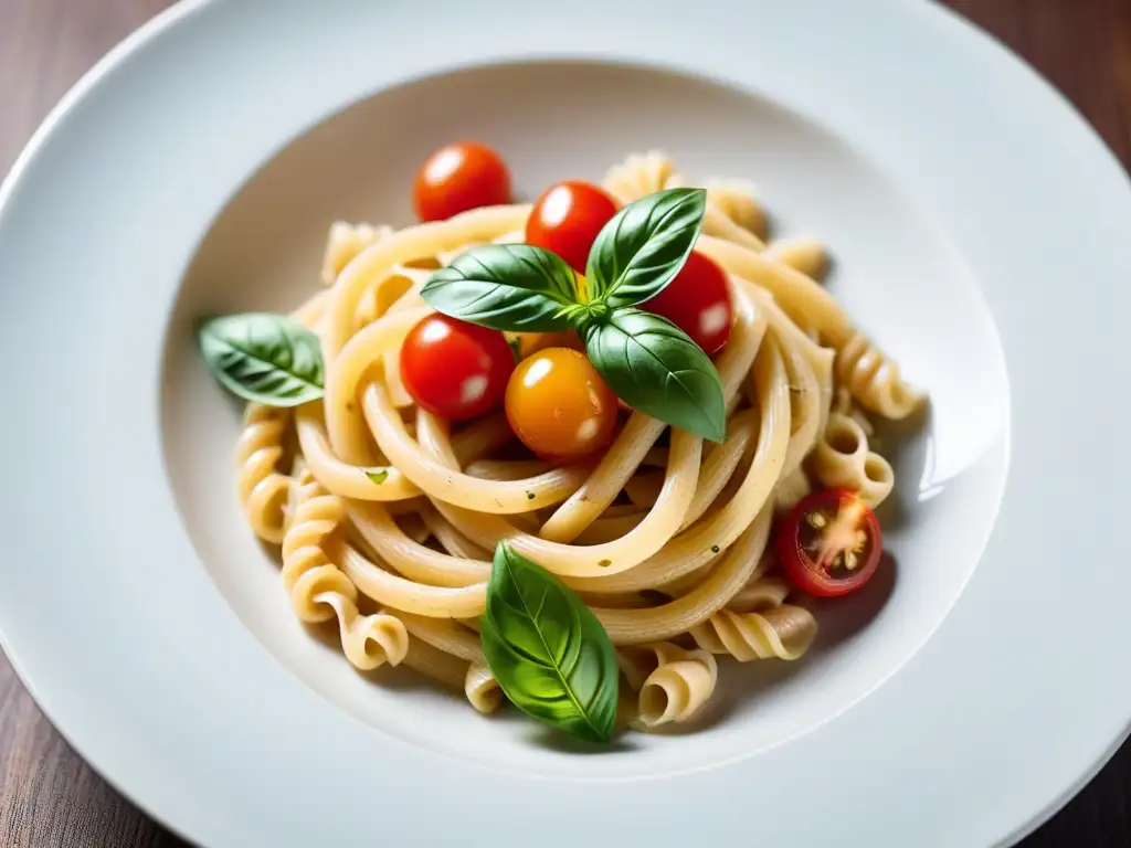 Un plato de pasta vegana gourmet con salsa cremosa de anacardos, decorado con albahaca y tomates cherry