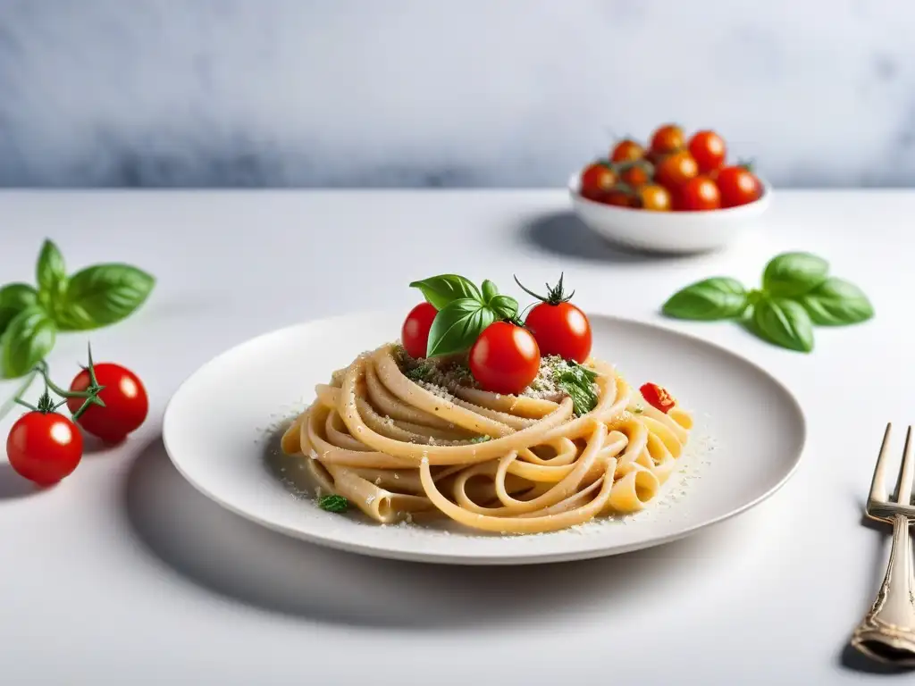 Un plato de pasta vegana gourmet con salsa cashew alfredo, decorado con tomates cherry, albahaca y queso vegano parmesano