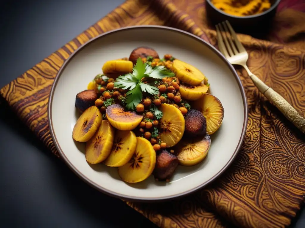 Un plato de plátanos veganos africanos, dorados y especiados, sobre una vistosa tela tradicional