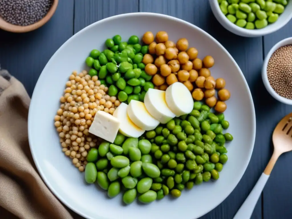 Plato de proteínas veganas con balance de aminoácidos en veganos sobre mesa de madera oscura