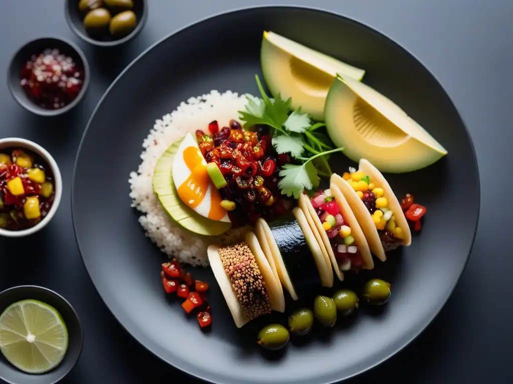 Un plato de recetas veganas internacionales fusionadas: sushi, tacos de jackfruit, ensalada de quinua