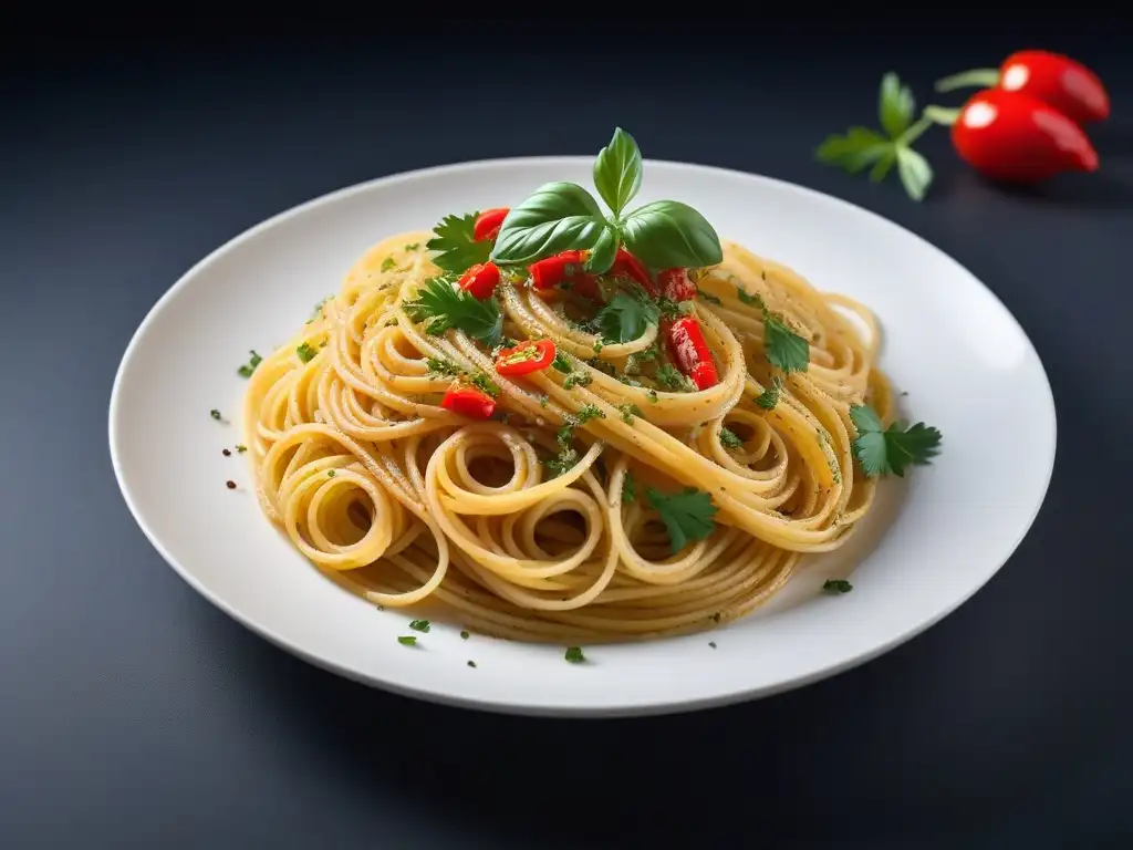 Plato de spaghetti aglio e olio vegano, elegante y delicioso