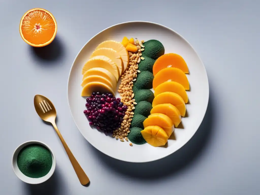 Un plato de superfoods veganos en recetas tradicionales: acai, espirulina, cúrcuma y mango, creando una imagen vibrante y moderna en un plato blanco