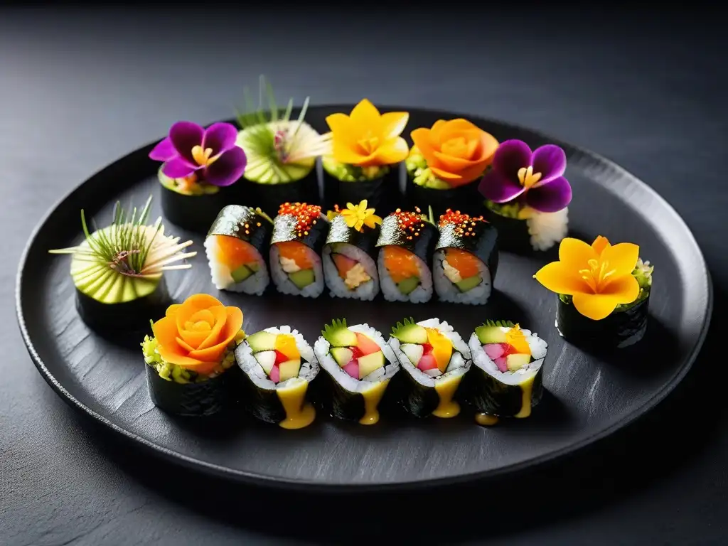 Plato de sushi vegano fusión AsiaAmérica con rollos coloridos, salsa de mango y crema de aguacate sobre fondo de pizarra negro