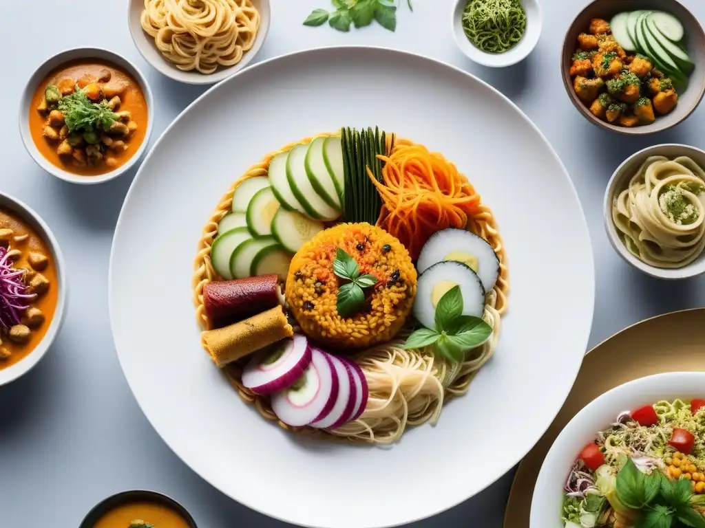 Plato de tendencias gastronomía vegana mundial: curry, ensalada, pasta y sushi con colores y detalles vibrantes