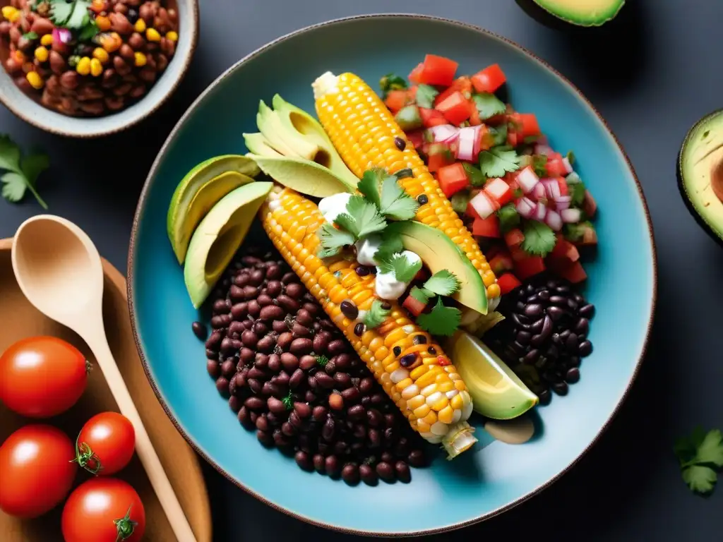 Un plato TexMex vegano creativo con ingredientes coloridos y sabrosos, presentado de forma artística en una elegante cerámica