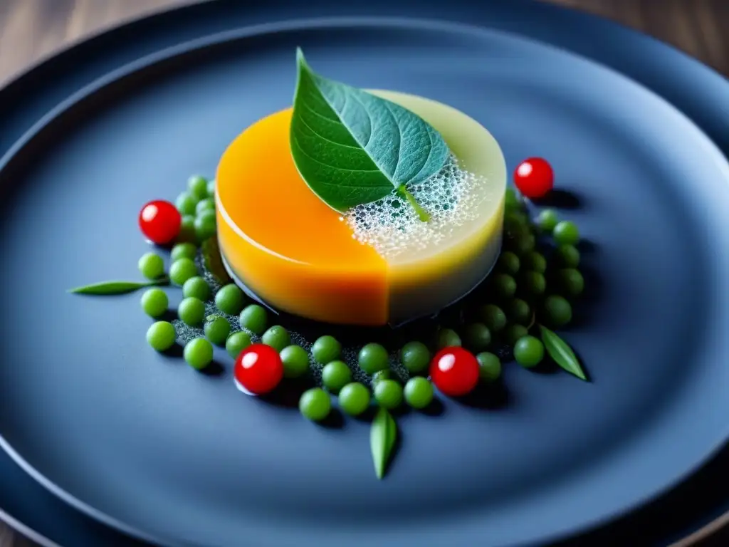 Un plato de gastronomía molecular vegana: ingeniosas creaciones culinarias con ingredientes vegetales en un plato minimalista