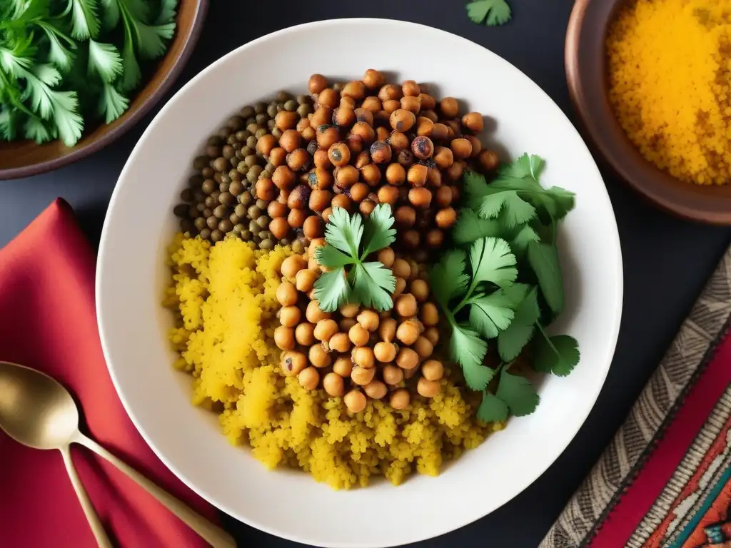 Un plato vegano africano con legumbres vibrantes y especias aromáticas, sobre cous cous, decorado con cilantro fresco