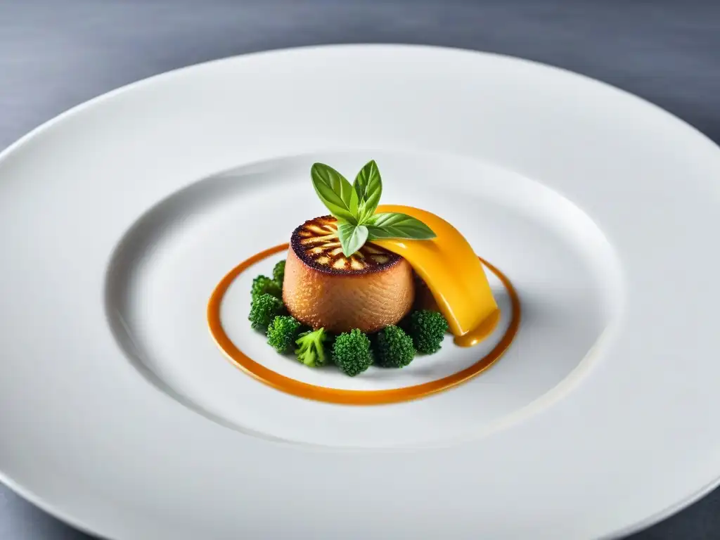 Plato vegano de autor lujo: una obra de arte culinaria con colores vibrantes y detalles intrincados en un escenario minimalista