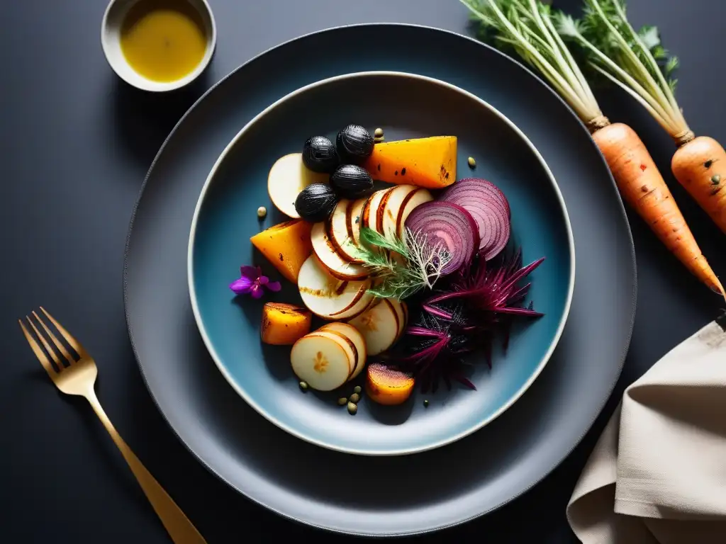 Un plato vegano esloveno vibrante con verduras asadas y aceite de semillas de calabaza