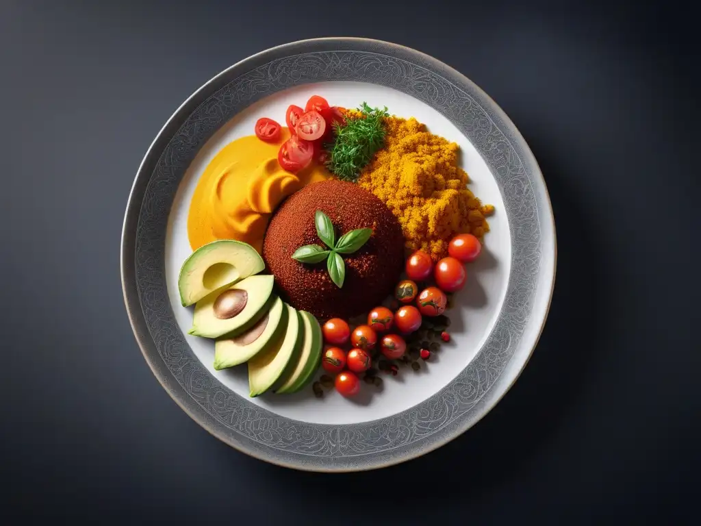 Un plato vegano con especias exóticas, vibrante y detallado, lleno de colores y texturas