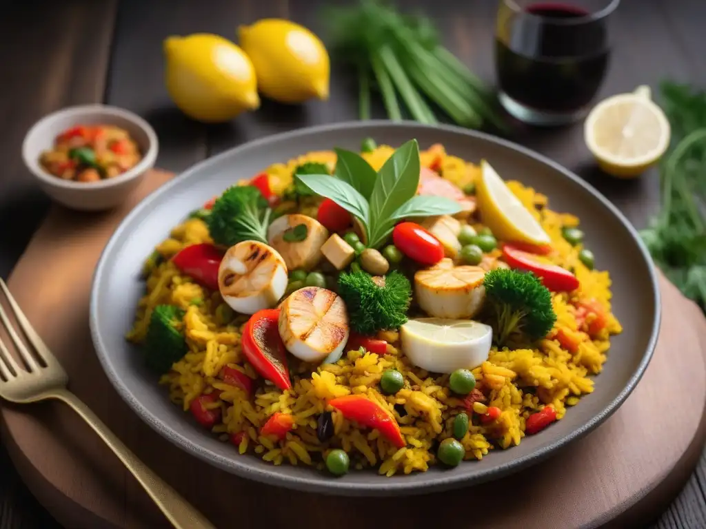 Un plato vegano europeo innovador con paella, vegetales coloridos y proteínas vegetales, sobre mesa rústica