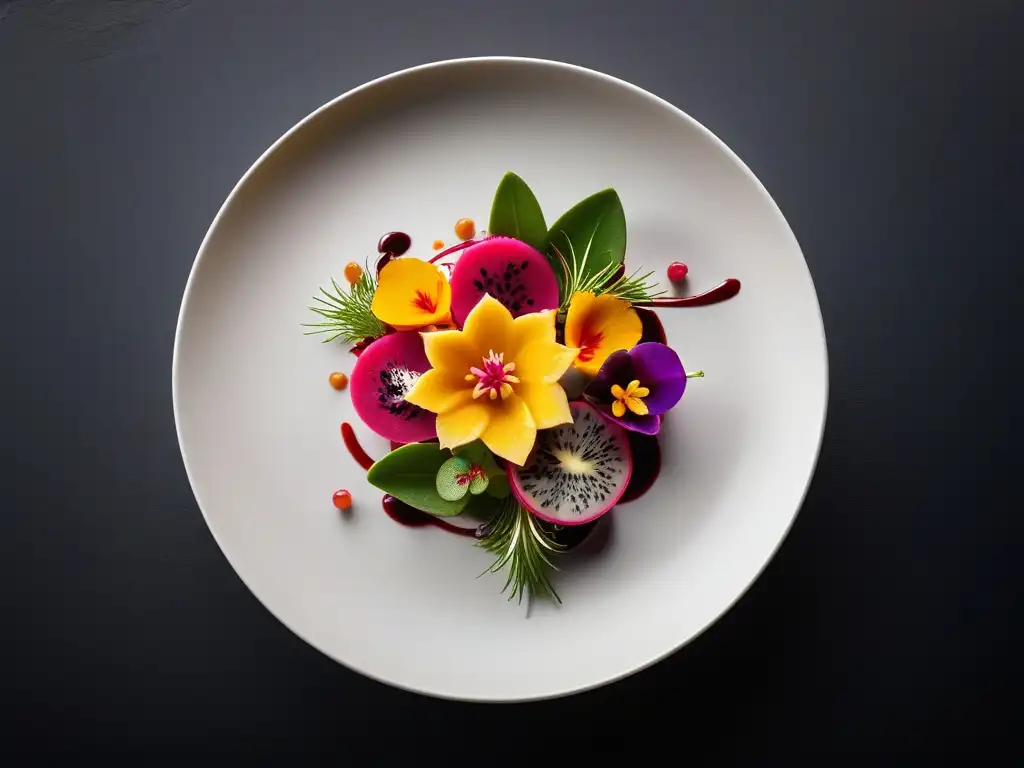 Plato vegano exótico: detalle vibrante y colorido Un plato vegano exótico con ingredientes como pitahaya y carambola, decorado con flores comestibles y microgreens