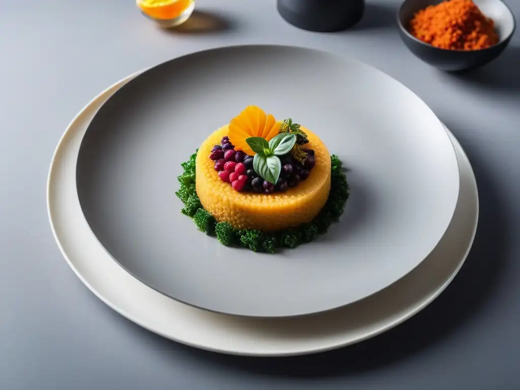 Un plato vegano fusionado con colores vibrantes y guarniciones intrincadas, presentado con elegancia en cerámica moderna