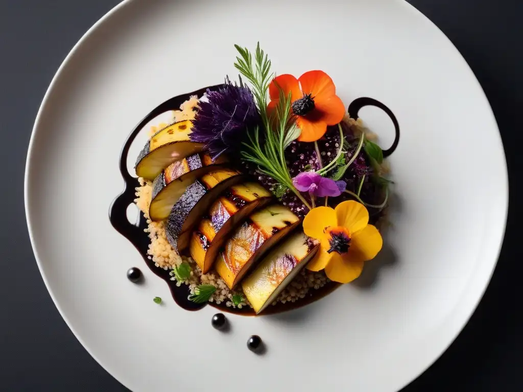 Plato vegano gourmet: explosión de color y sabor Un plato vegano gourmet con capas de verduras asadas y ensalada de quinoa, decorado con flores comestibles y hierbas frescas