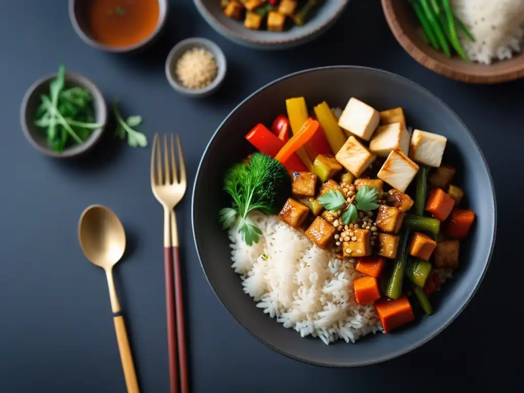 Un plato vegano mongol colorido y aromático en un entorno de cocina moderna