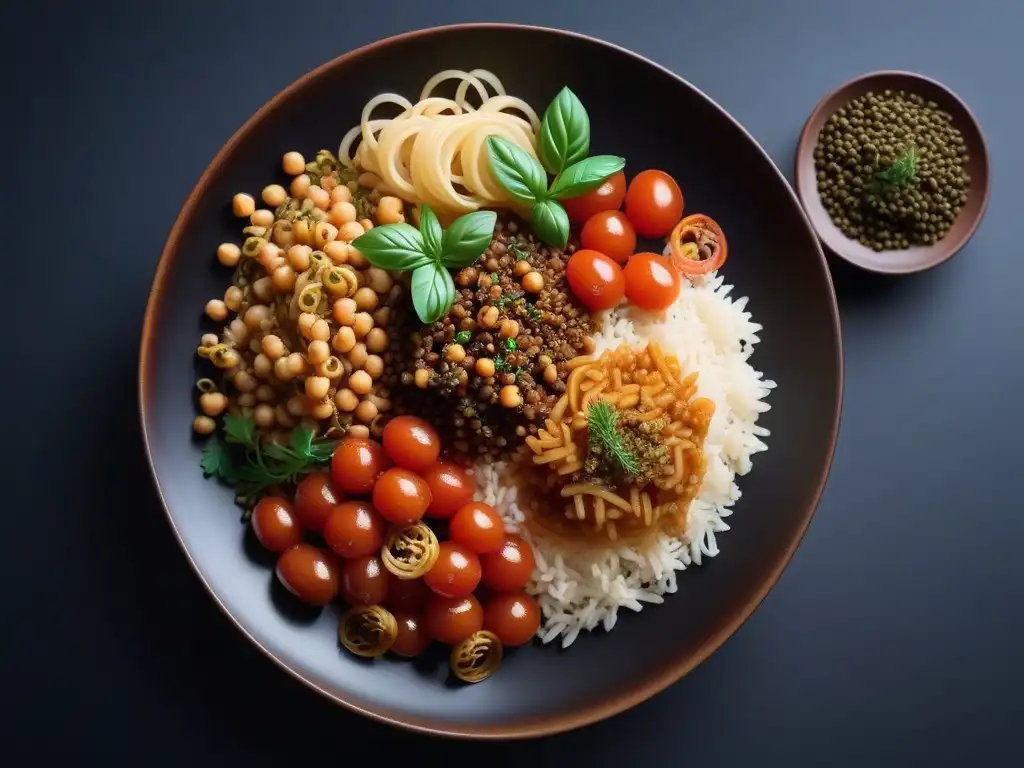 Un plato de koshari vegano fácilmente preparado, con capas de arroz, lentejas, pasta, garbanzos y toppings coloridos