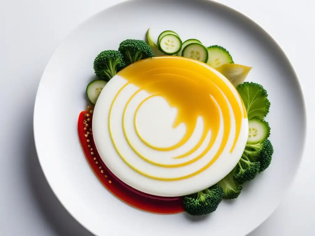 Un plato vegano bellamente presentado con capas de verduras coloridas en un diseño geométrico, con un toque de aceite de hierbas