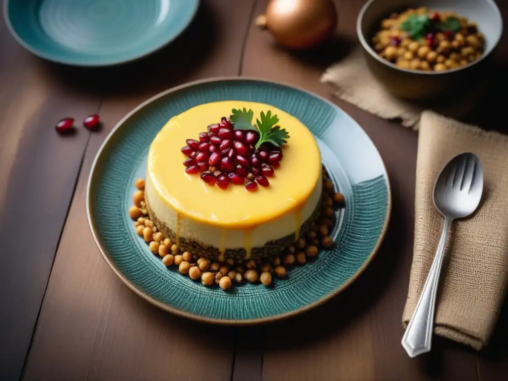 Plato vegano sudafricano: bobotie con lentejas, garbanzos y custard dorado, decorado con almendras, cilantro y granada en plato de cerámica africana