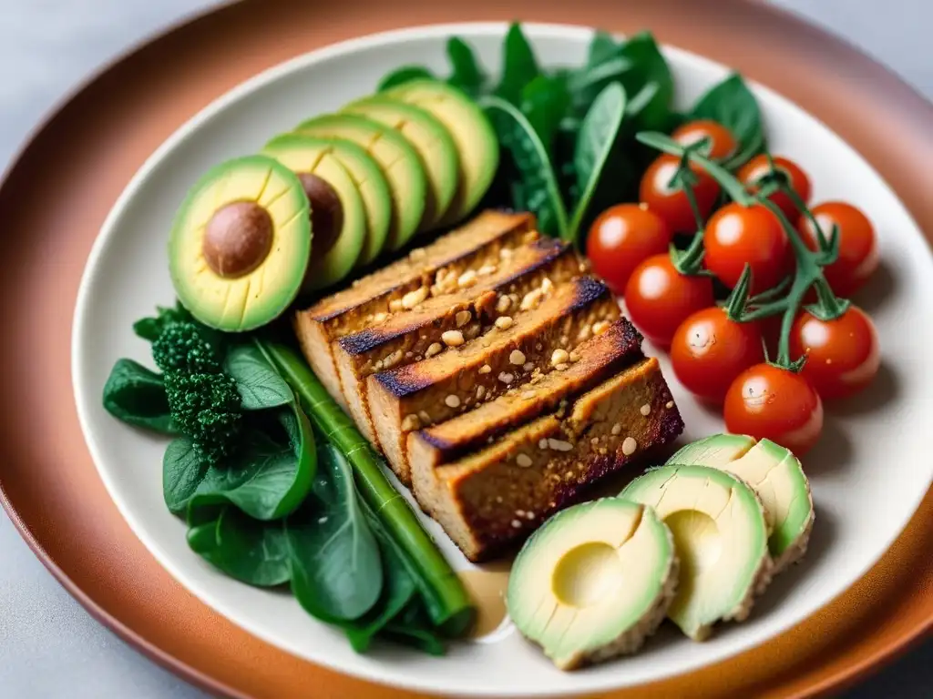 Plato vegano con tempeh dorado, vegetales y aderezo de tahini