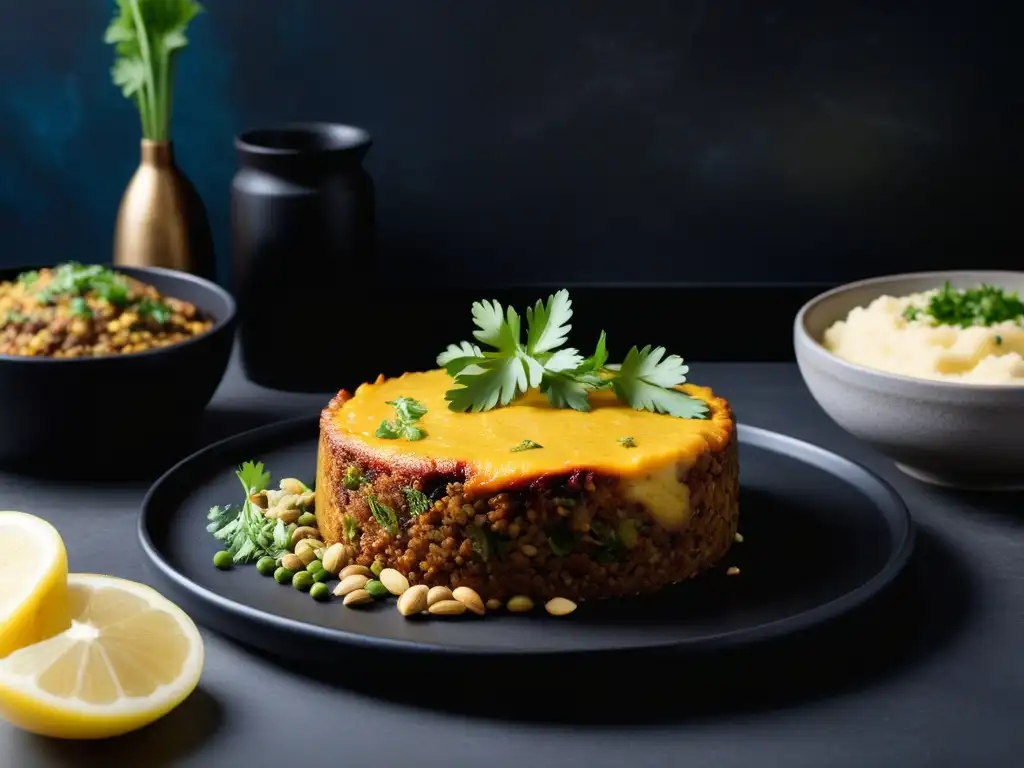 Plato vegano tradicional de Sudáfrica: bobotie de lentejas con puré de papas doradas y almendras en elegante presentación