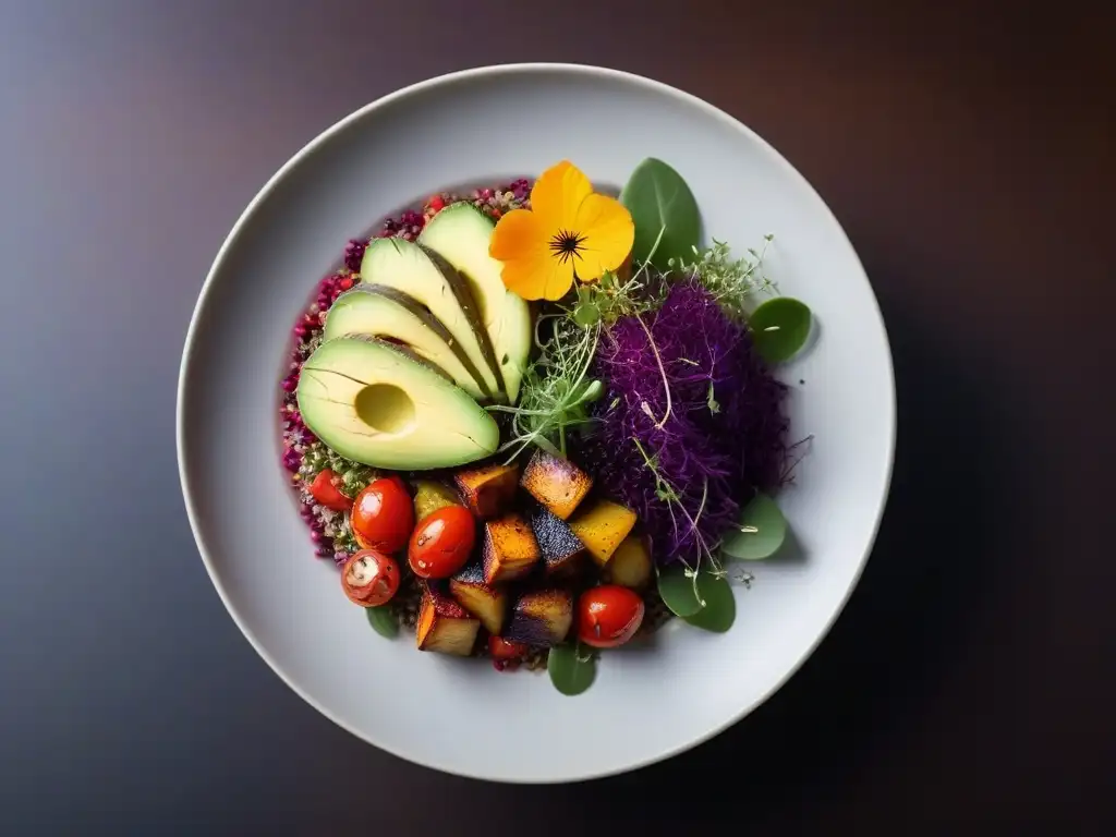 Un plato vegano vibrante y detallado con quinoa, vegetales, aguacate, microgreens y flores comestibles