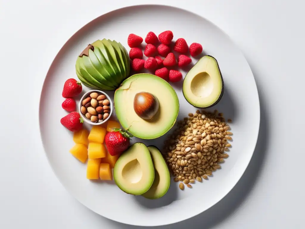 Plato vegano vibrante y equilibrado con frutas, verduras, frutos secos y granos coloridos