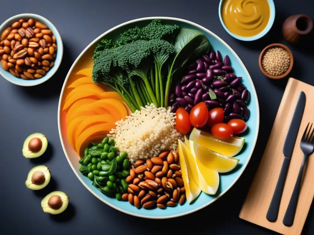 Un plato vibrante con alimentos veganos variados y coloridos, mostrando la nutrición óptima en dieta vegana