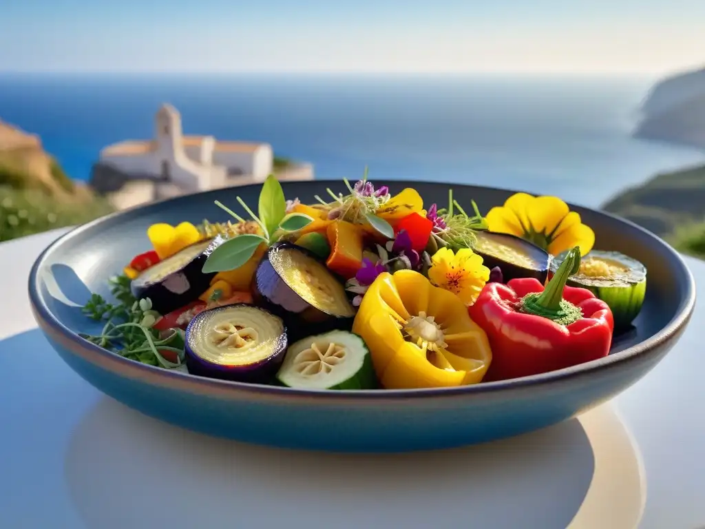 Un plato vibrante de cocina vegana con influencia mediterránea, lleno de verduras asadas y coloridas, servido en una terraza mediterránea al sol