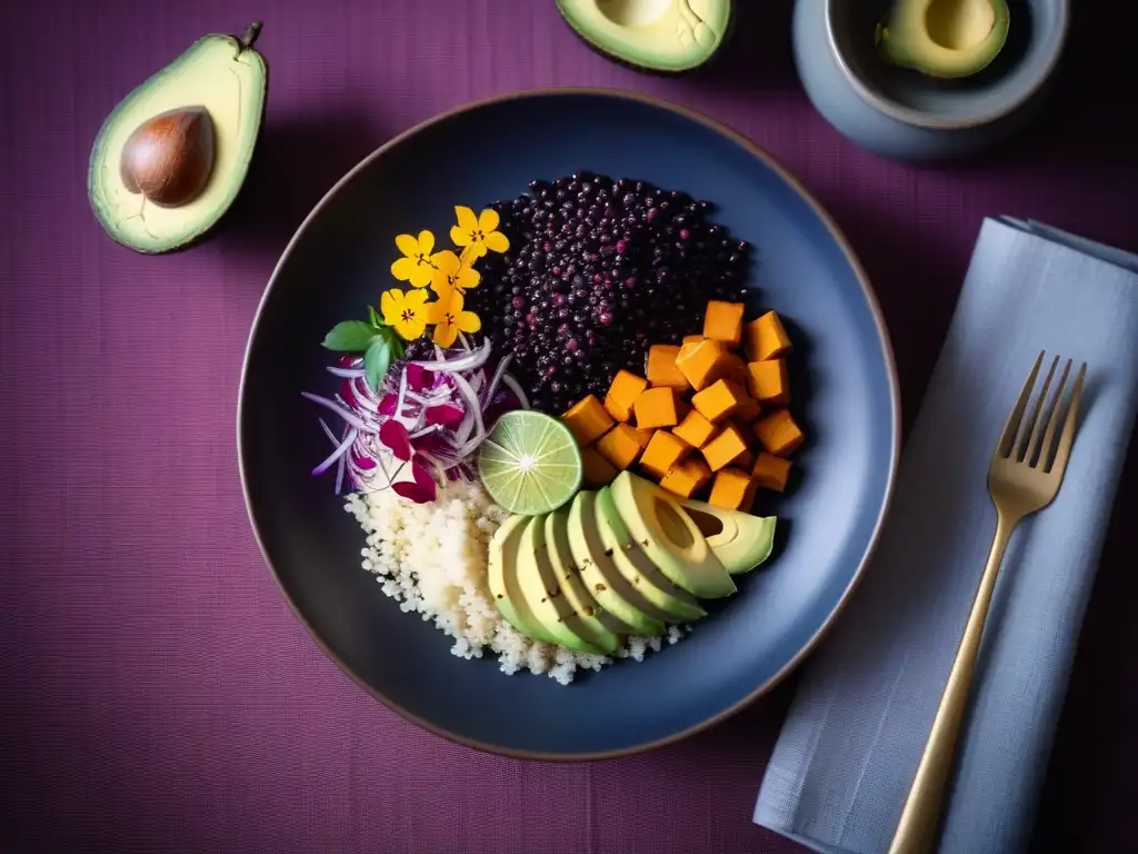 Un plato vibrante de cocina vegana en Perú: quinoa, maíz morado, aguacate, tofu, hierbas frescas y flores comestibles en un plato de cerámica