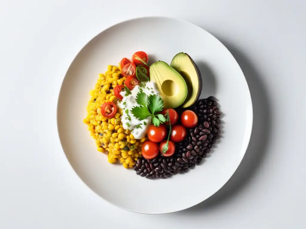 Un plato vibrante de cocina vegana latina con cilantro fresco, texturas y colores variados