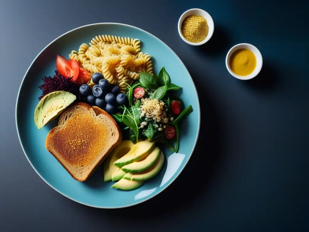 Un plato vibrante y colorido con delicias veganas y levadura nutricional, ideal para una cocina vegana llena de beneficios