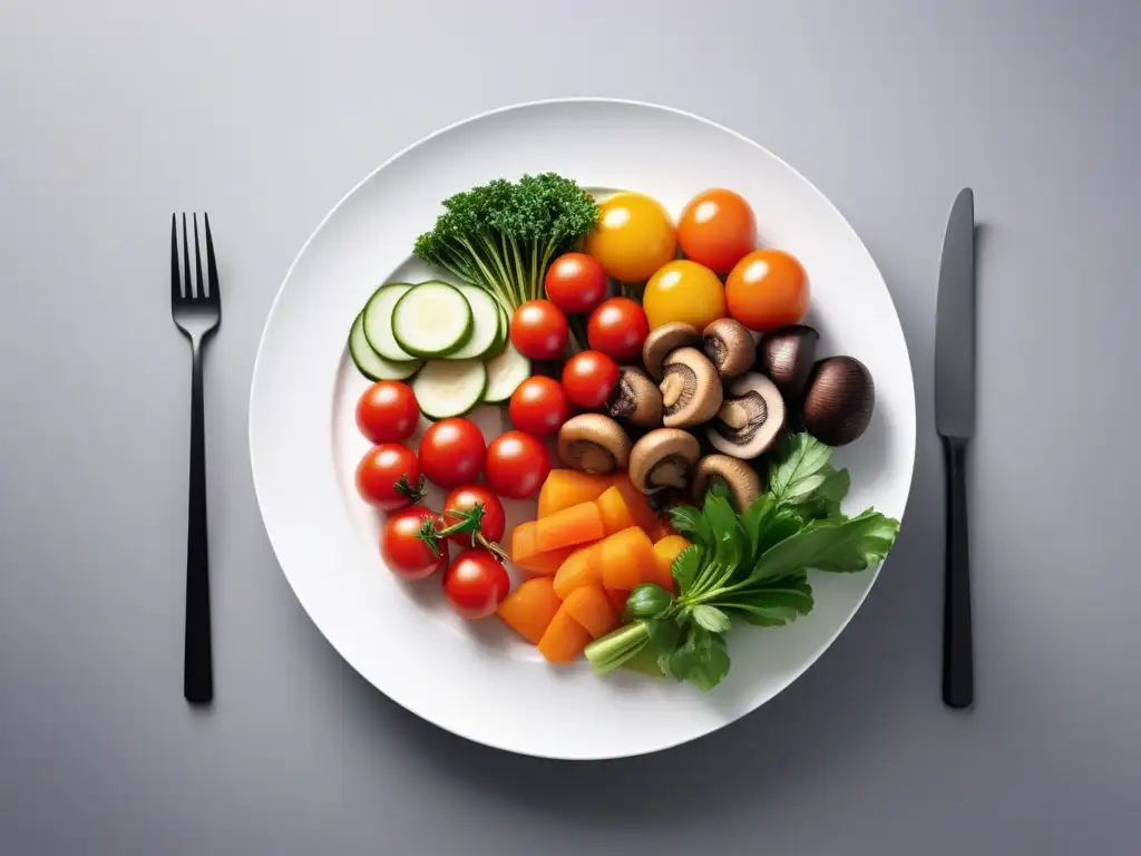 Un plato vibrante y colorido de verduras frescas, cortadas y dispuestas artísticamente