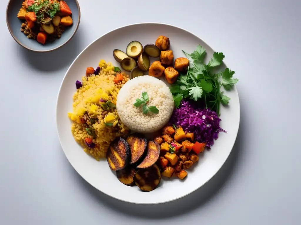 Plato vibrante con delicias veganas africanas fusionadas: tacos de plátano, estofado de maní con quinua y arroz jollof con verduras asadas